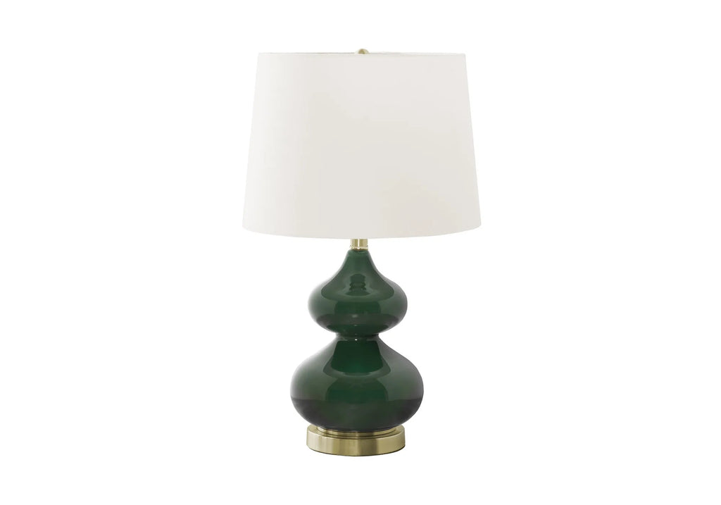 Blue crystal glass desk lamp with a cloth shade for a child's bedroom, shown on a desk.