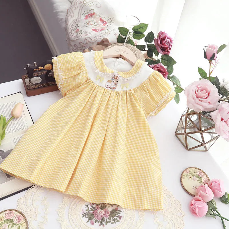 Girls yellow cotton dress with retro plaid embroidery for height 90-130cm