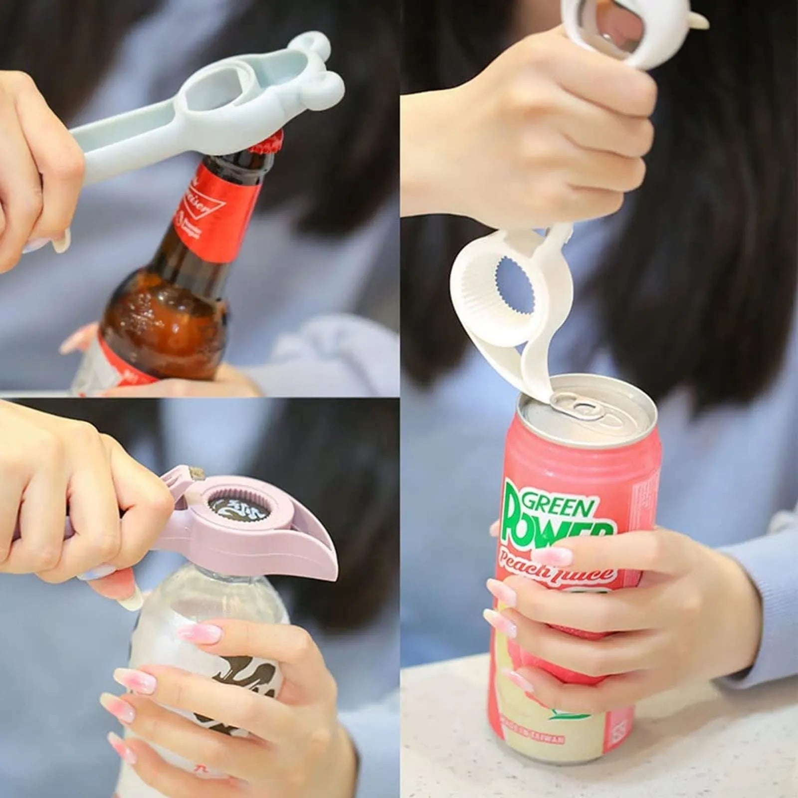 4-in-1 stainless steel and PP manual bottle opener and jar opener in gray blue, 21 cm long, on a white surface