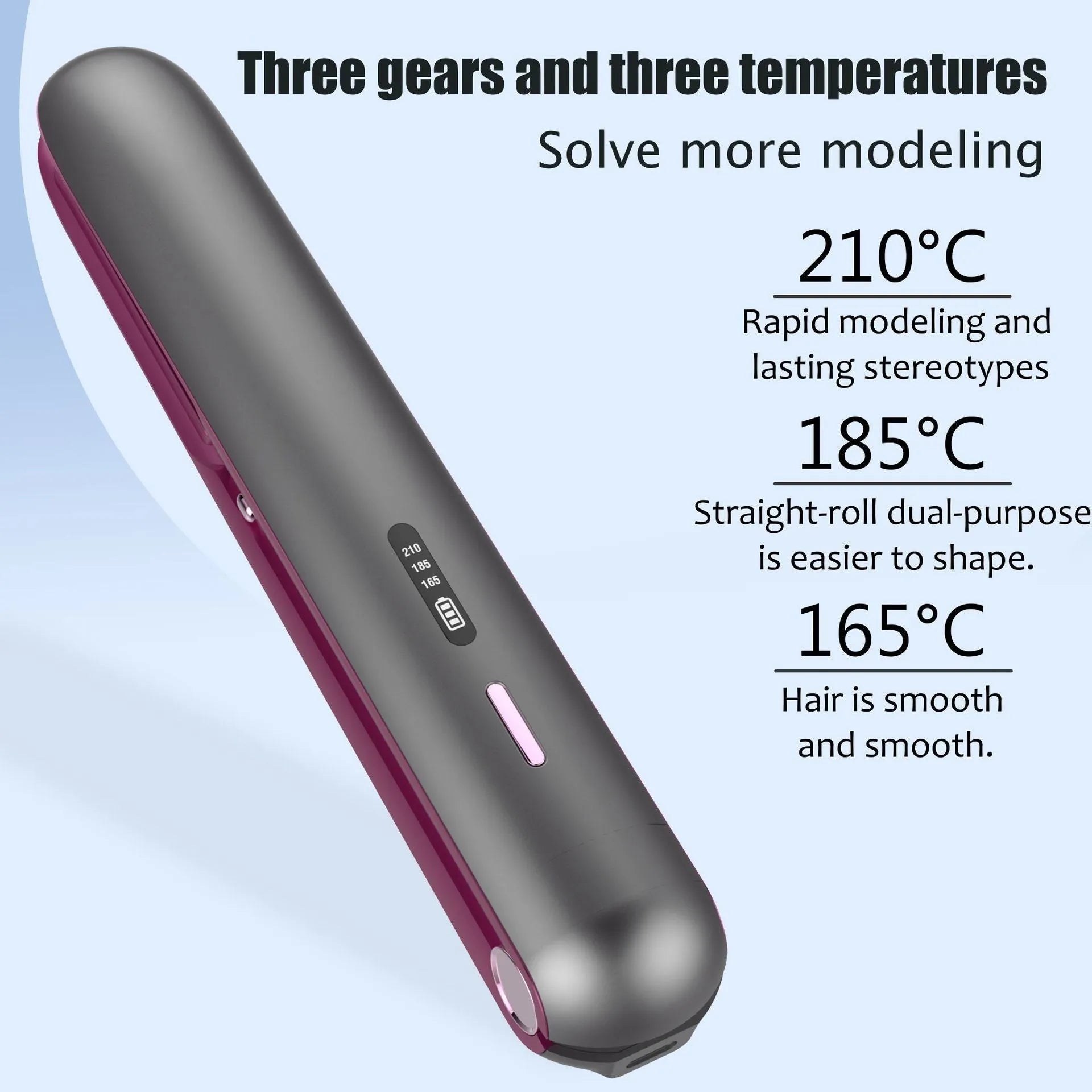 Moon shadow grey wireless hair straightener with tourmaline ceramic plates and temperature control