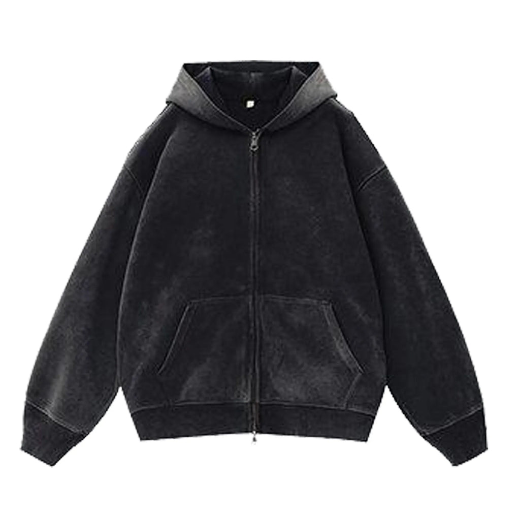Women's fleece-lined distressed hooded cardigan sweater with patch pockets in loose fit