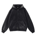 Women's fleece-lined distressed hooded cardigan sweater with patch pockets in loose fit