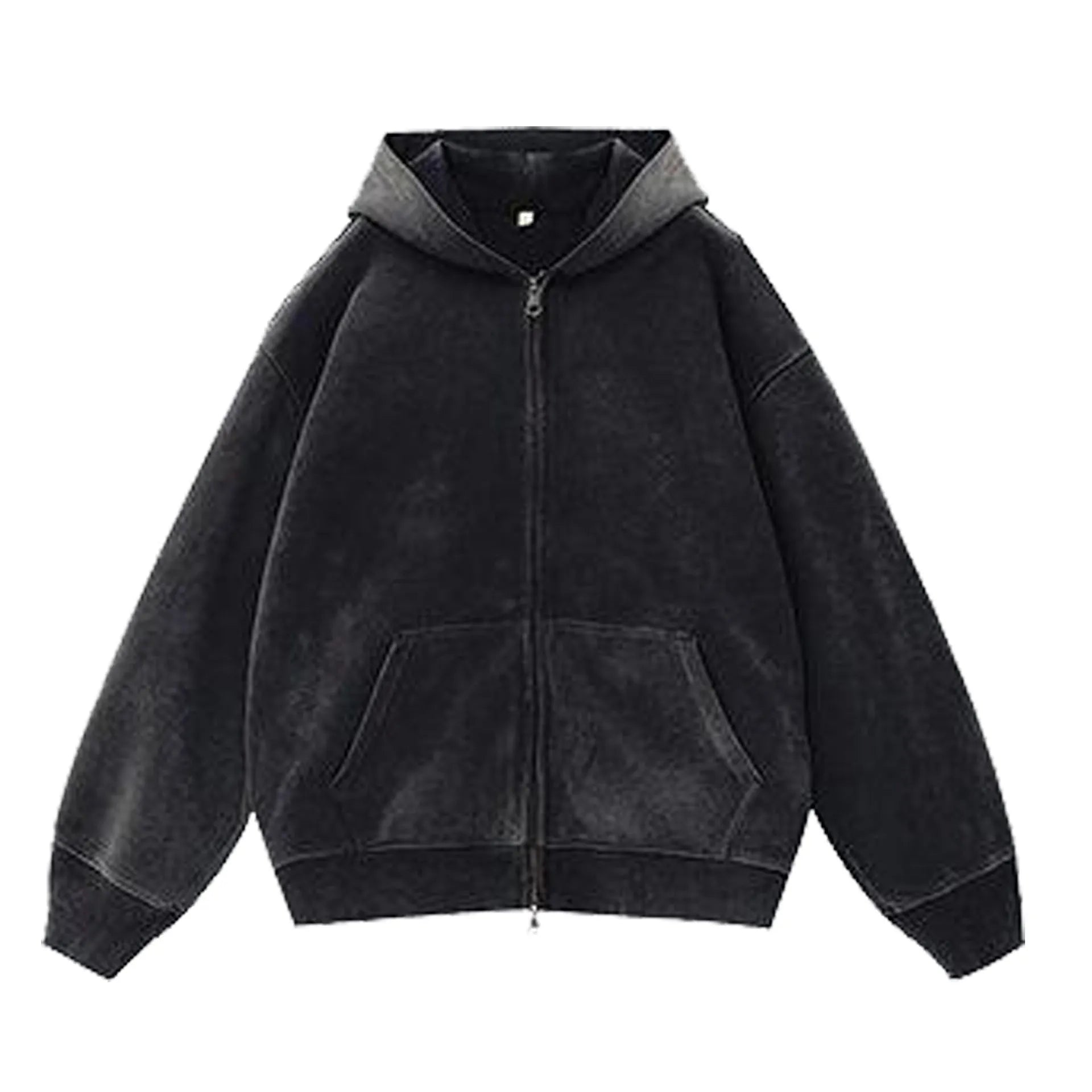 Women's fleece-lined distressed hooded cardigan sweater with patch pockets in loose fit