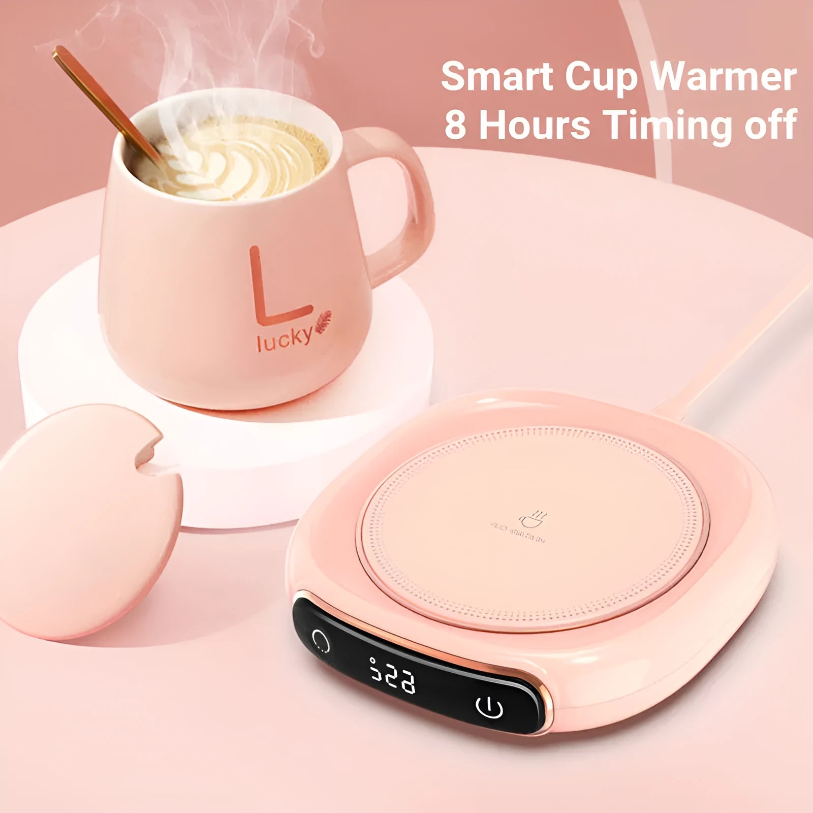 White USB coffee mug warmer coaster on desk with measuring tape showing 130mm width