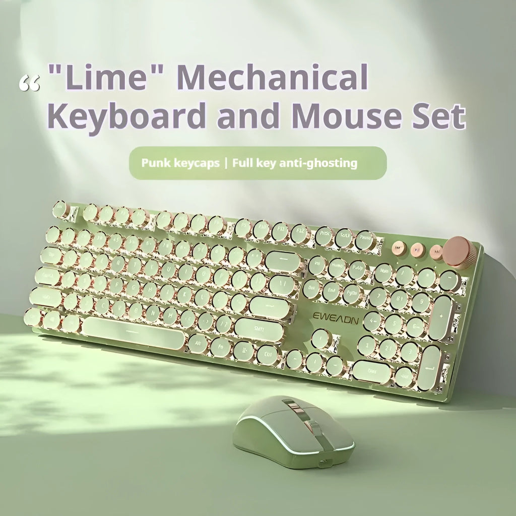 E-sports mechanical keyboard with multifunction knob and white backlighting in matcha green colour