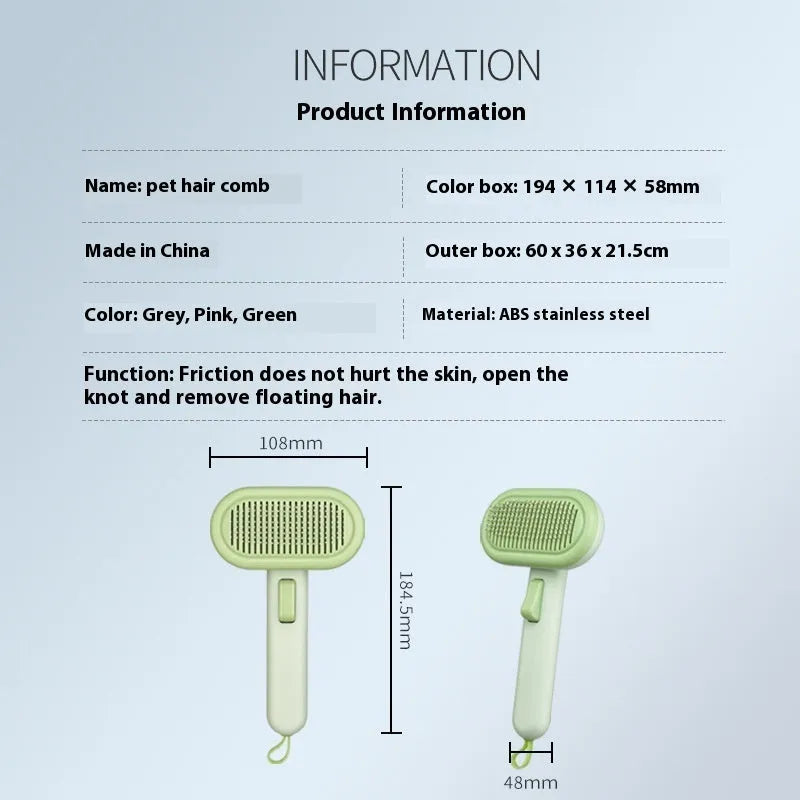 Large light grey pet hair removal comb with stainless steel blades and a one-click release button.