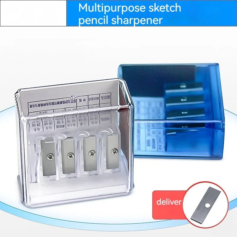 Geometric plastic pencil sharpener with four sharpening holes and maintenance screwdriver