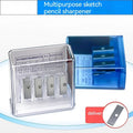 Geometric plastic pencil sharpener with four sharpening holes and maintenance screwdriver