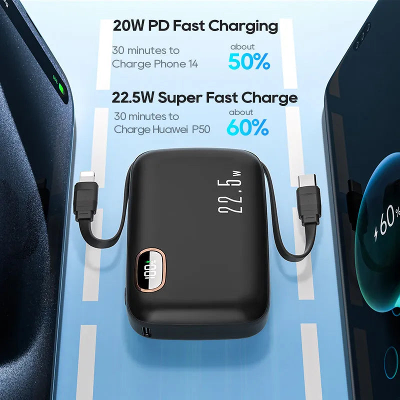 PD22.5W fast charging power bank with digital display and cable, 10000mAh, black plastic shell