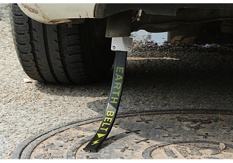 Black 370mm long car electrostatic grounding belt with rubber casing and metal clamp for vehicle static discharge.