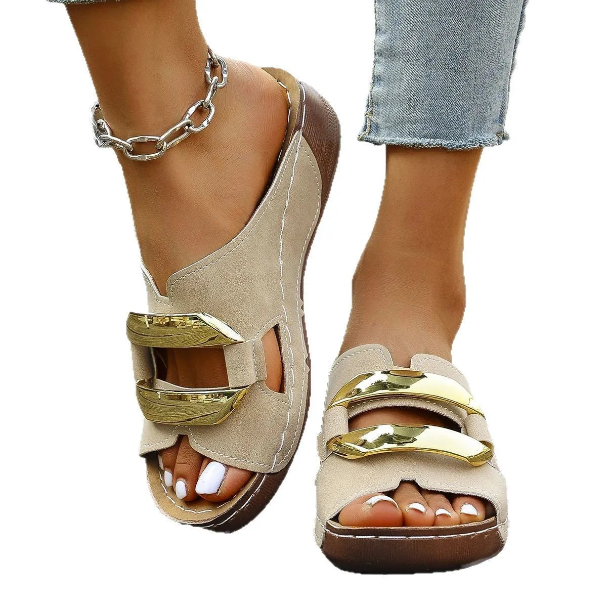 Roman style platform flip-flop sandals in a solid colour with a flat heel and metal detail.