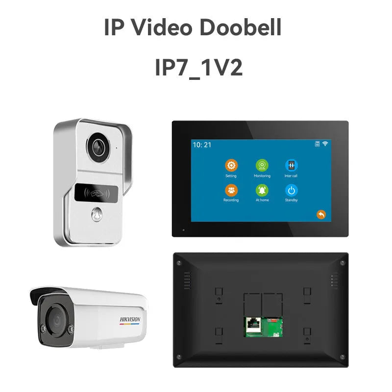 1080P video intercom doorbell system with outdoor unit, indoor display, and installation hardware including unlock cable