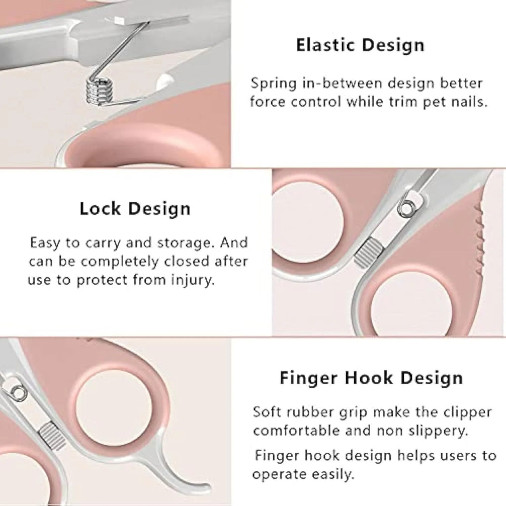 Grey and pink angled pet nail clippers with safety guard and rubberised handles.