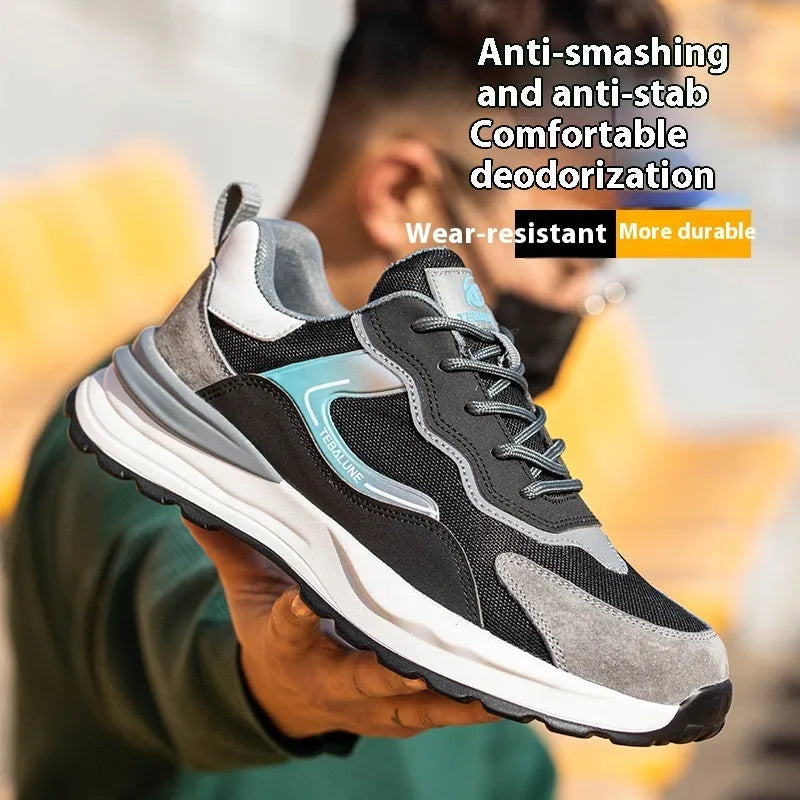 Men's low-top work shoes with suede and mesh upper, plastic steel toe cap, and PU sole.