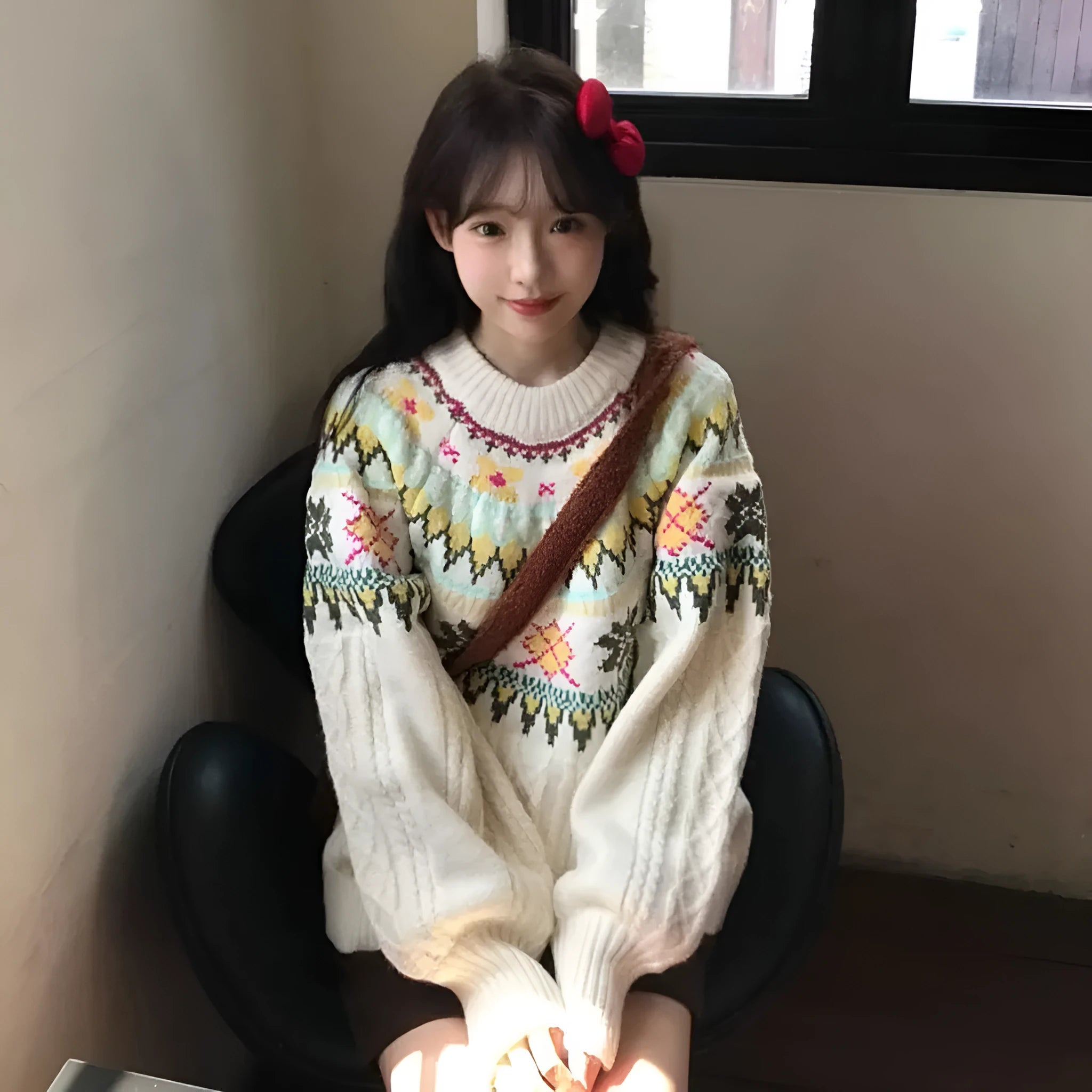 Women's milky white lantern sleeve loose mori knitwear pullover sweater