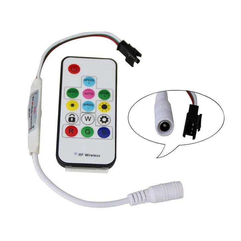 Magic Color LED light controller with 5-24V rating, plastic body, and choice of USB or DC plug and 14, 17 or 21 key remote