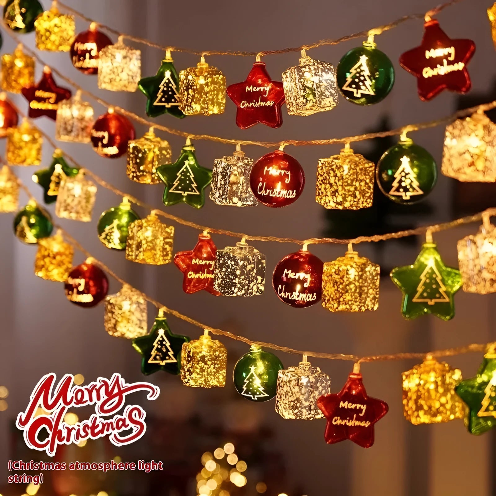 Gold electroplated ball fairy lights string with coloured pendants for Christmas tree decoration