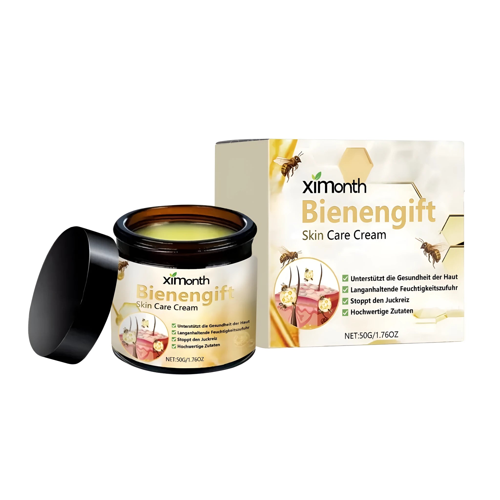 50g skin care cream container with botanical ingredients including mint leaves, bee venom, and tea tree oil