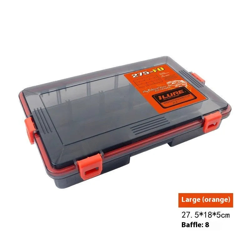 Waterproof fishing lure storage box in PP plastic showing colour options and size specifications