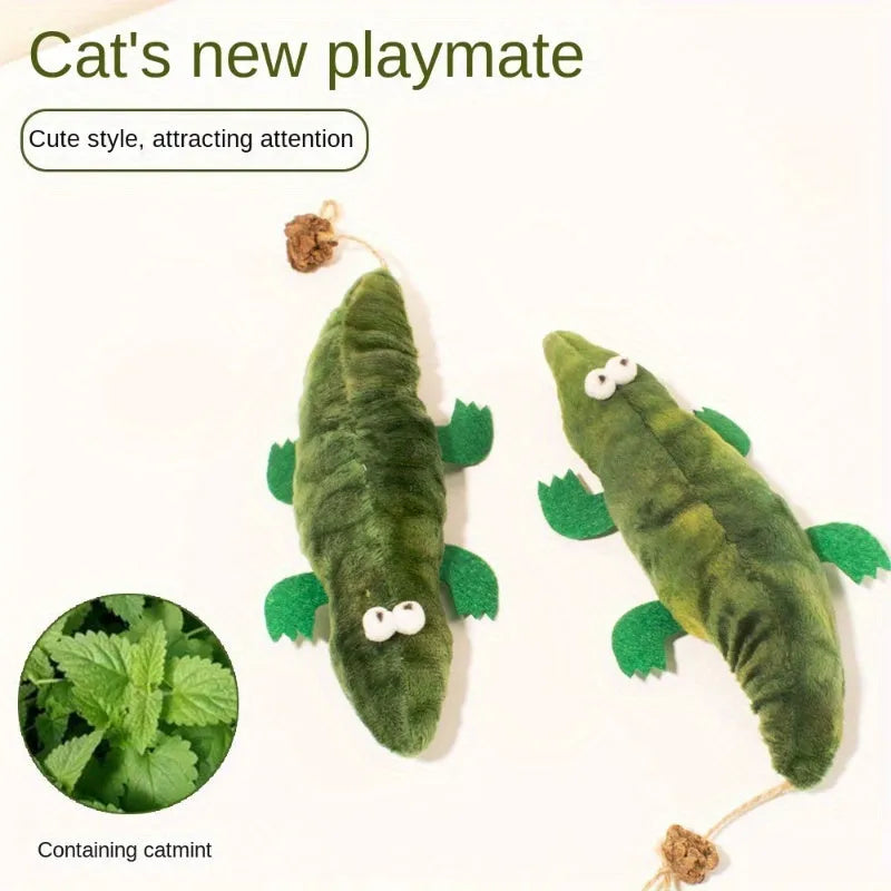 Green plush alligator cat toy with plant based catnip and peppermint scent for oral cleansing