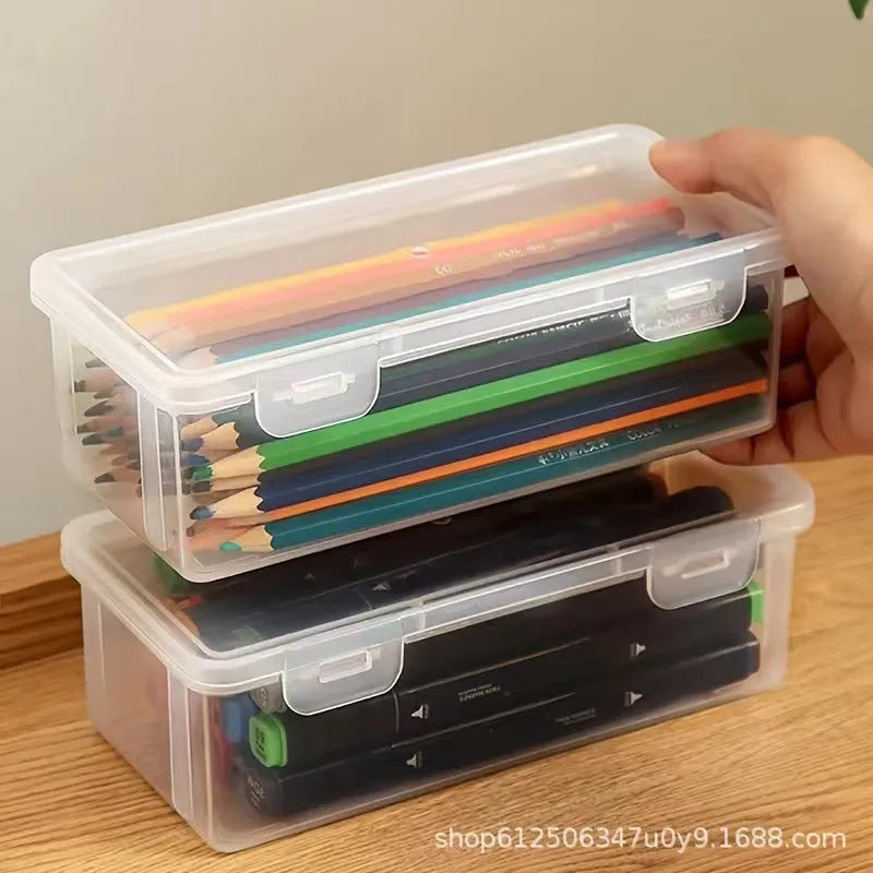 Transparent plastic stationery storage box for pencils and drawing tools
