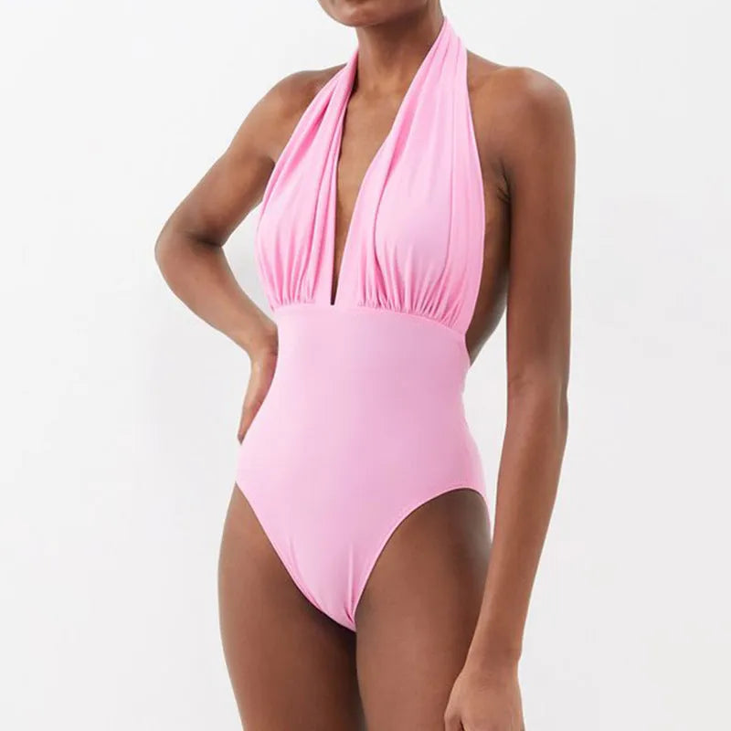 Flower Suit colour women's deep V halter backless one-piece swimsuit