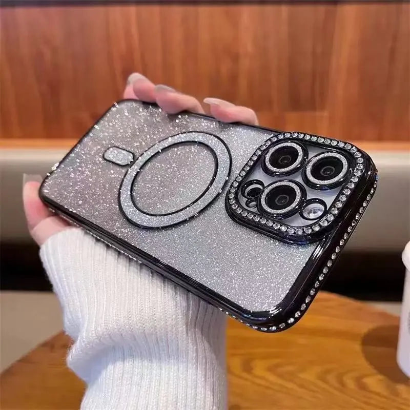 Rhinestone glitter magnetic phone case for Apple iPhone in black, pink, silver, blue, gold, and purple.