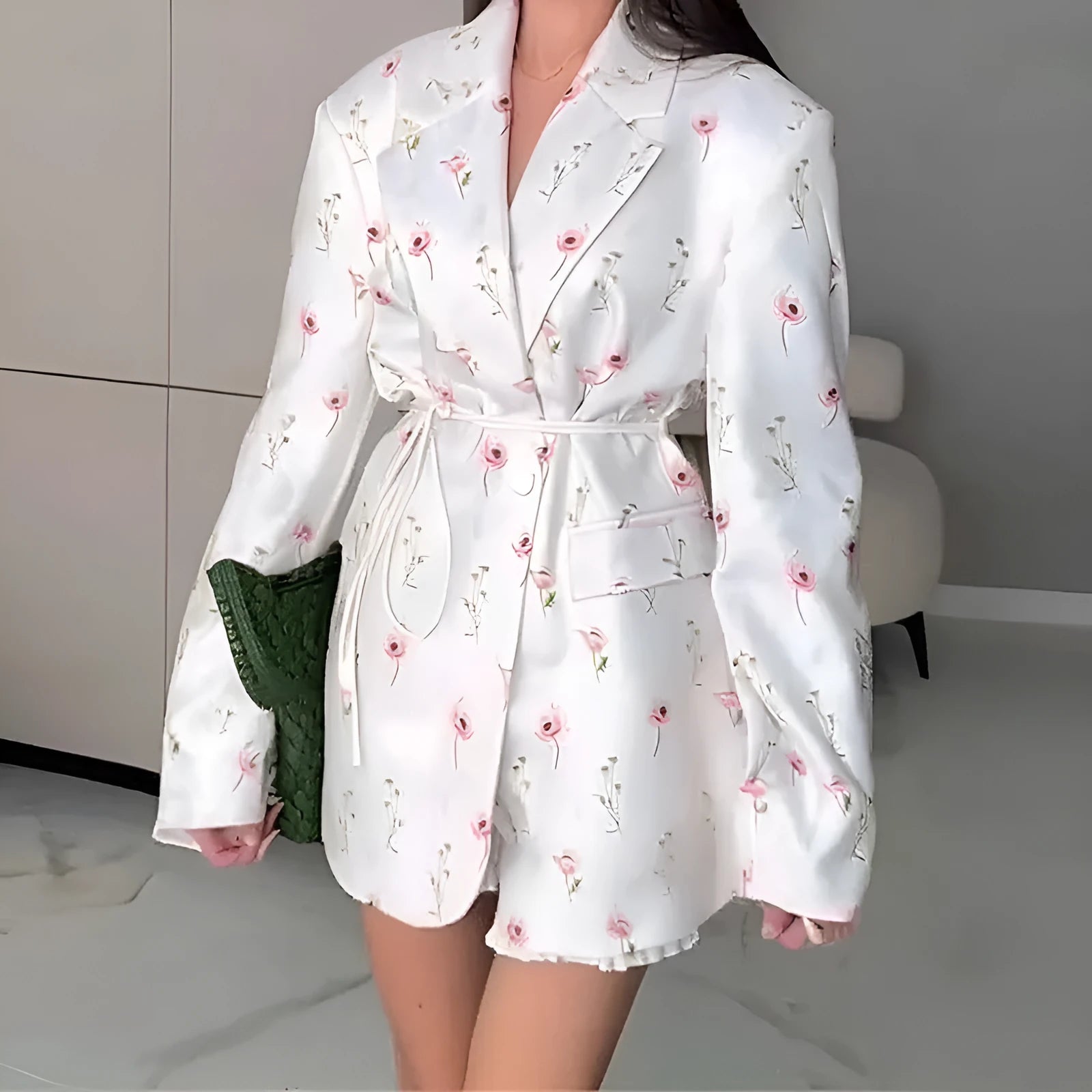 Women's lace-up waist suit jacket in polyester available in apricot white yellow and floral print colours