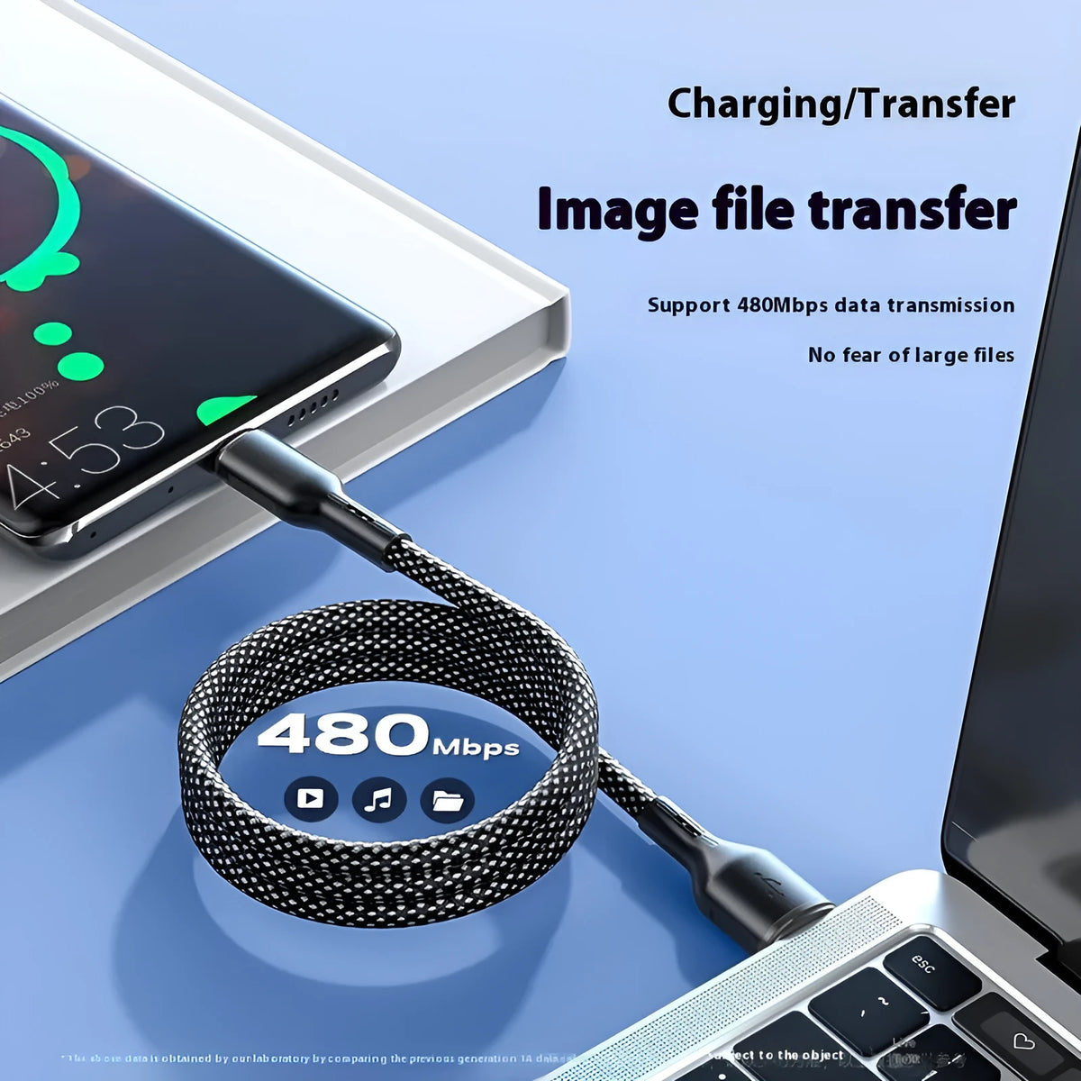 Magnetic woven data cable in black coiled beside a smartphone, showing Lightning and Type-C ends