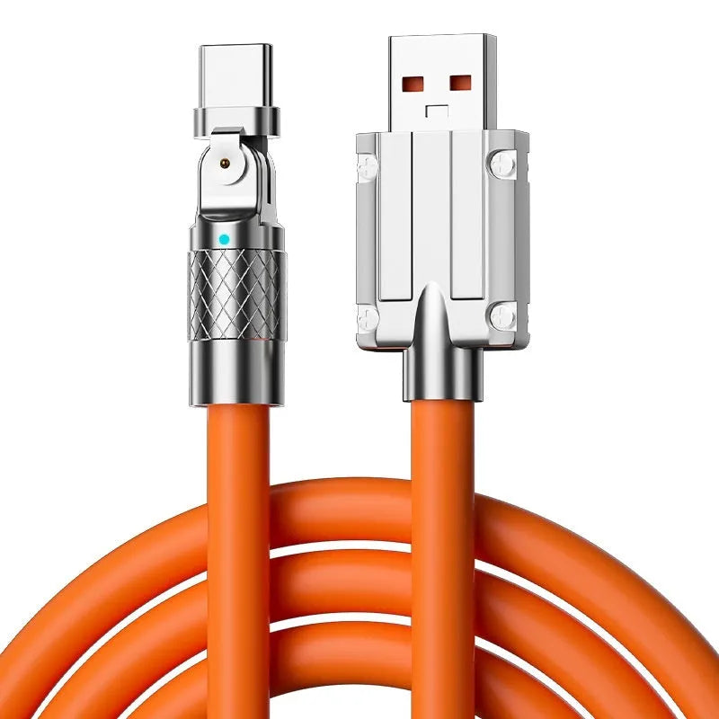 Orange rotating elbow charging cable with zinc alloy head for Lightning, Micro USB, and Type-C devices