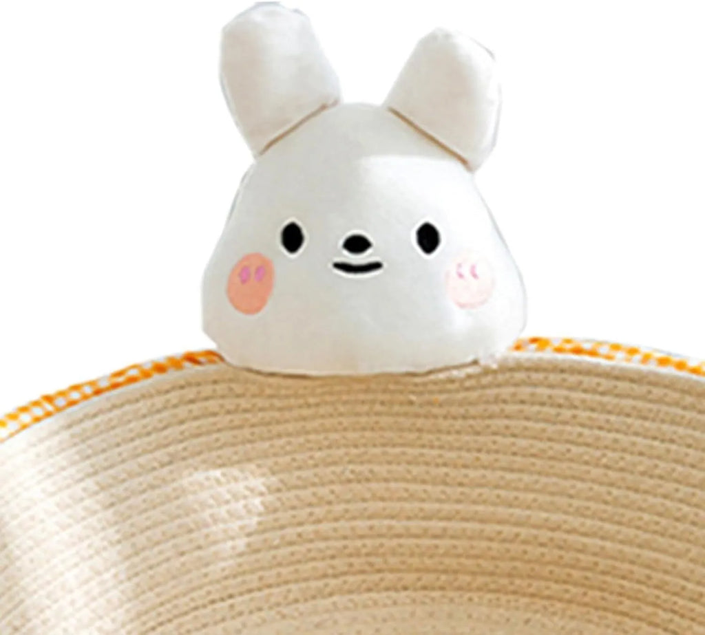 Woven cotton rope cat bed basket with integrated scratching pad in rabbit design