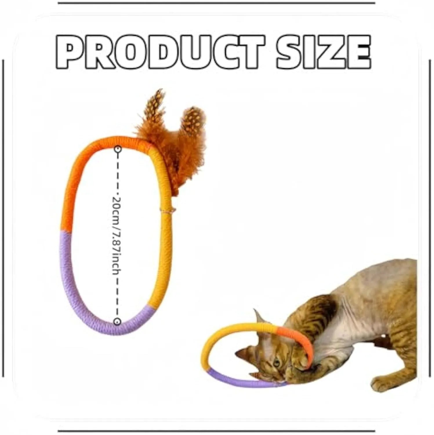 Green circular cotton rope cat toy with feathers and catnip for chewing and interactive play.