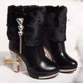 Women's black ankle boots with a high chunky heel on a white background