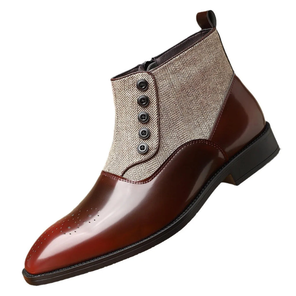 Men's brown retro business shoe with side zipper and square toe on a plain background.