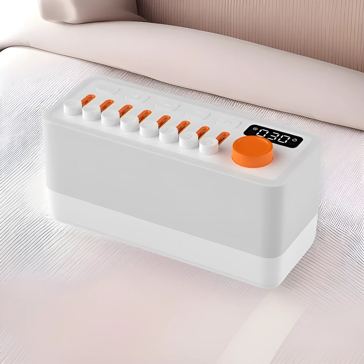 White smart sleep speaker night lamp with USB power, 2600 mAh battery, 180 x 73 x 80 mm, alarm clock and RGB light