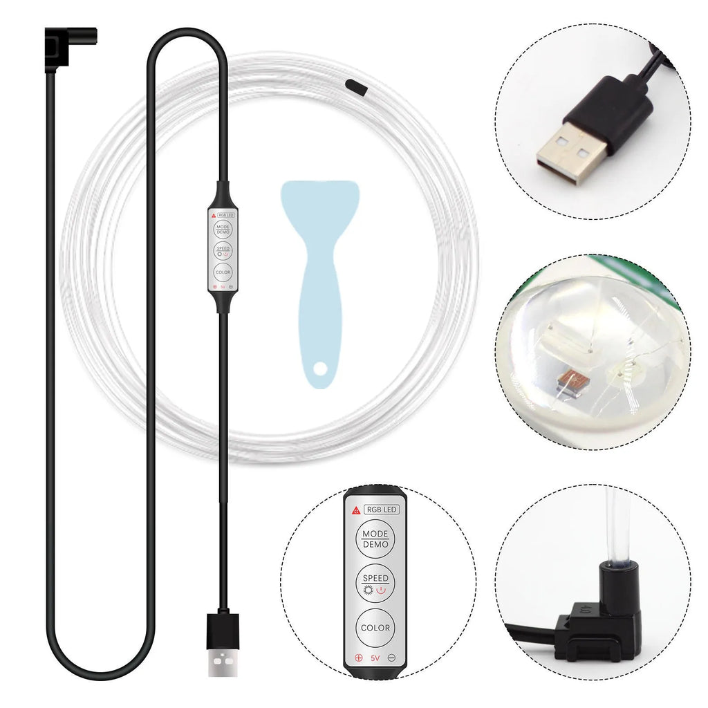 USB-powered RGB LED light strip for car interior with wireless remote control.