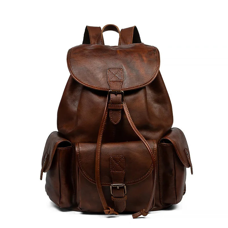 Genuine leather retro backpack with ergonomic back panel and geometric pattern in light brown and black 15 inch