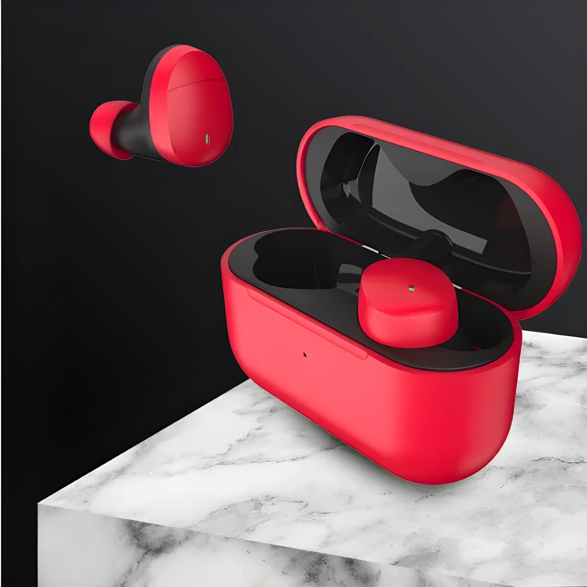 Flame red Qualcomm TWS 3040 wireless Bluetooth earbuds with charging case and USB cable.