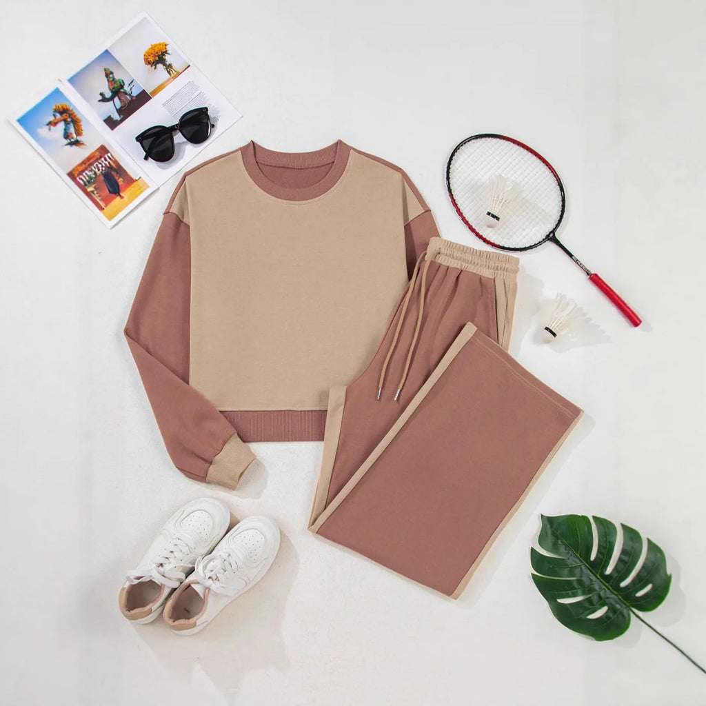 Women's camel colour cotton lounge set with matching top and trousers