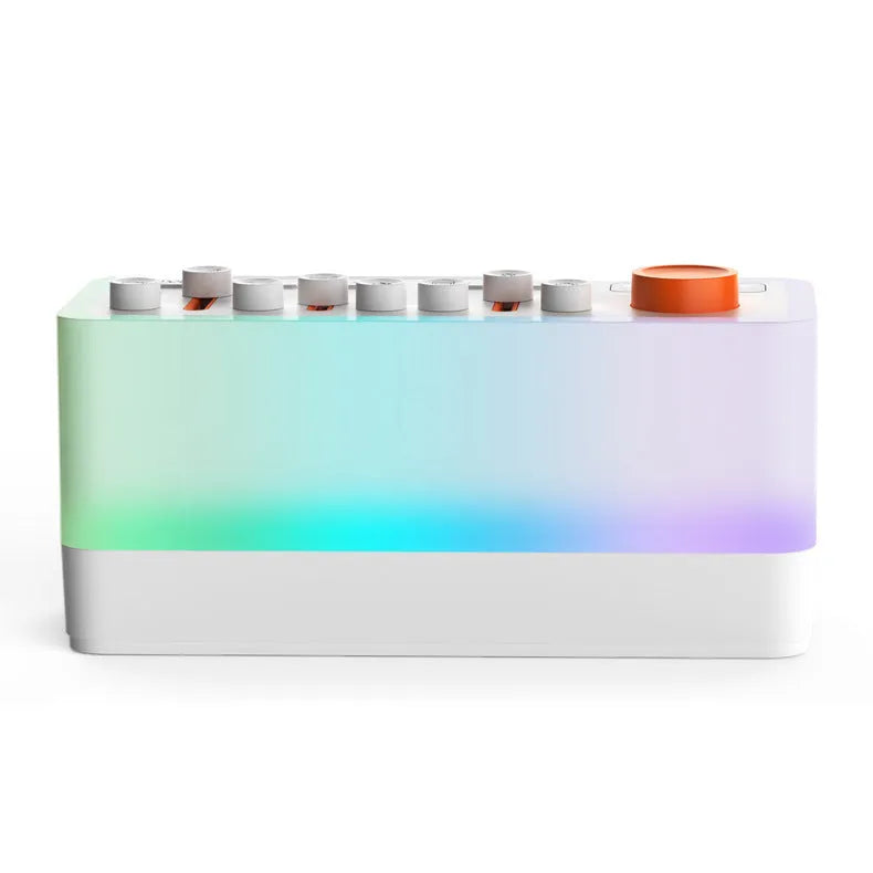 White smart sleep speaker night lamp with USB power, 2600 mAh battery, 180 x 73 x 80 mm, alarm clock and RGB light