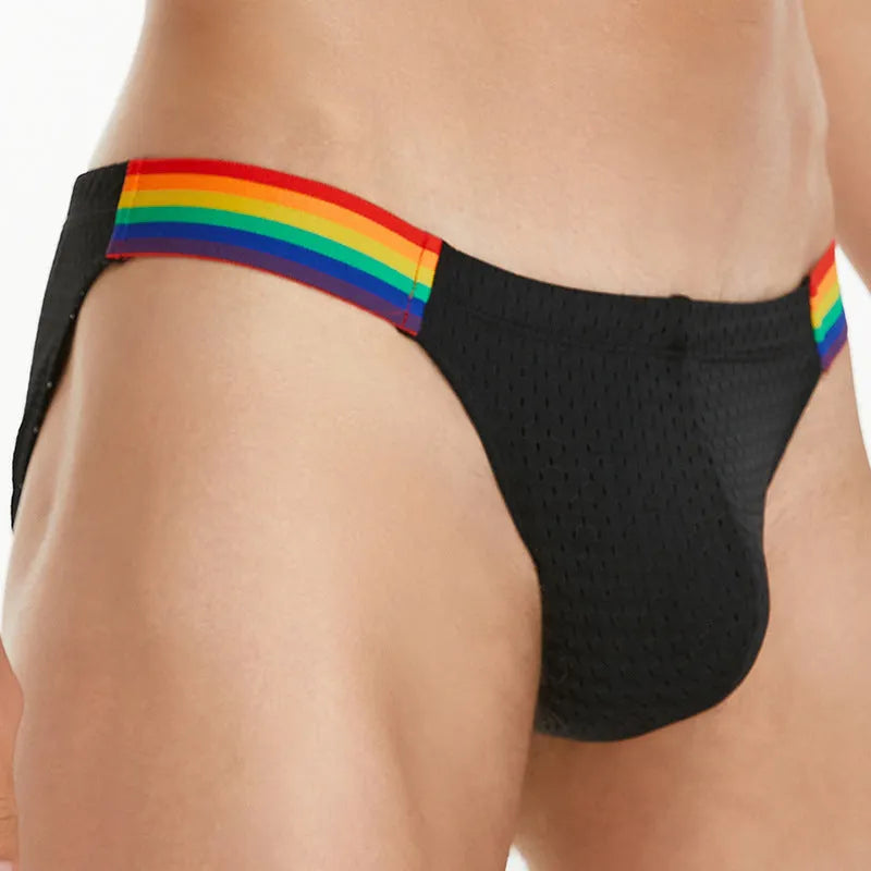 Men's nylon mesh briefs with low waist and rainbow waistband in black, white, and dark blue colours