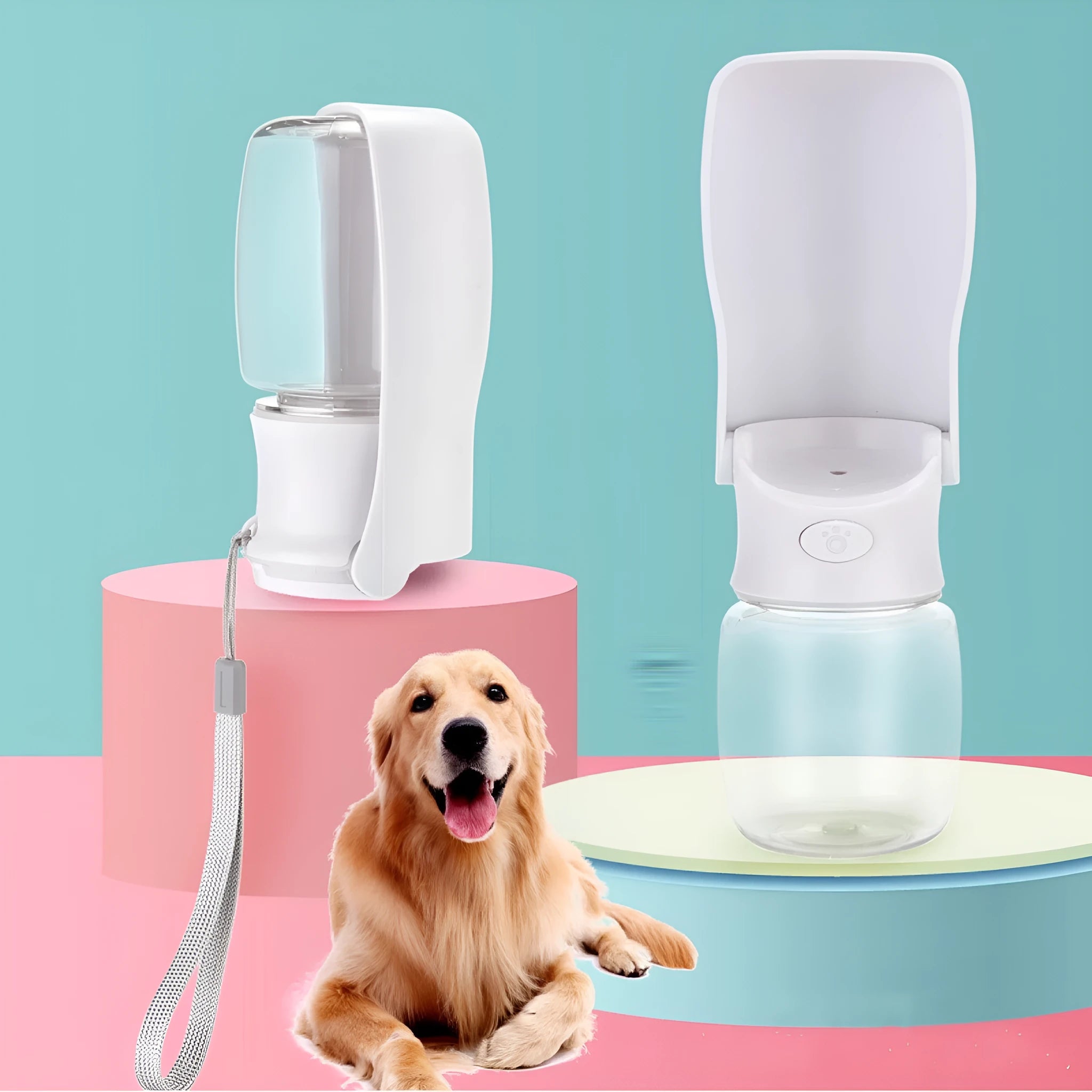 Blue foldable dog water bottle with dispenser cup extended, showing 550ml capacity marking.