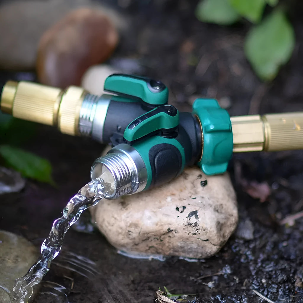 Zinc alloy garden ball valve splitter with 6-point double pass design for water control