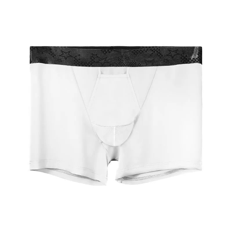 Men's black Ice Silk nylon boyshorts underwear laid flat, showing mid-waist and leg design.