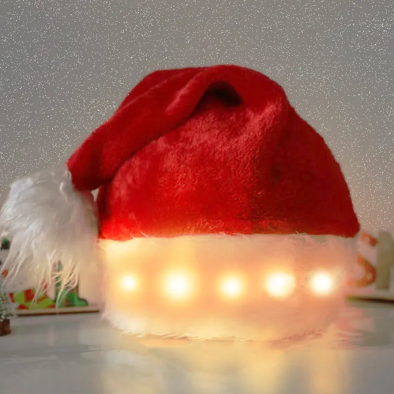 Red and white plush Santa hat with LED lights glowing around the rim and a white pom-pom.