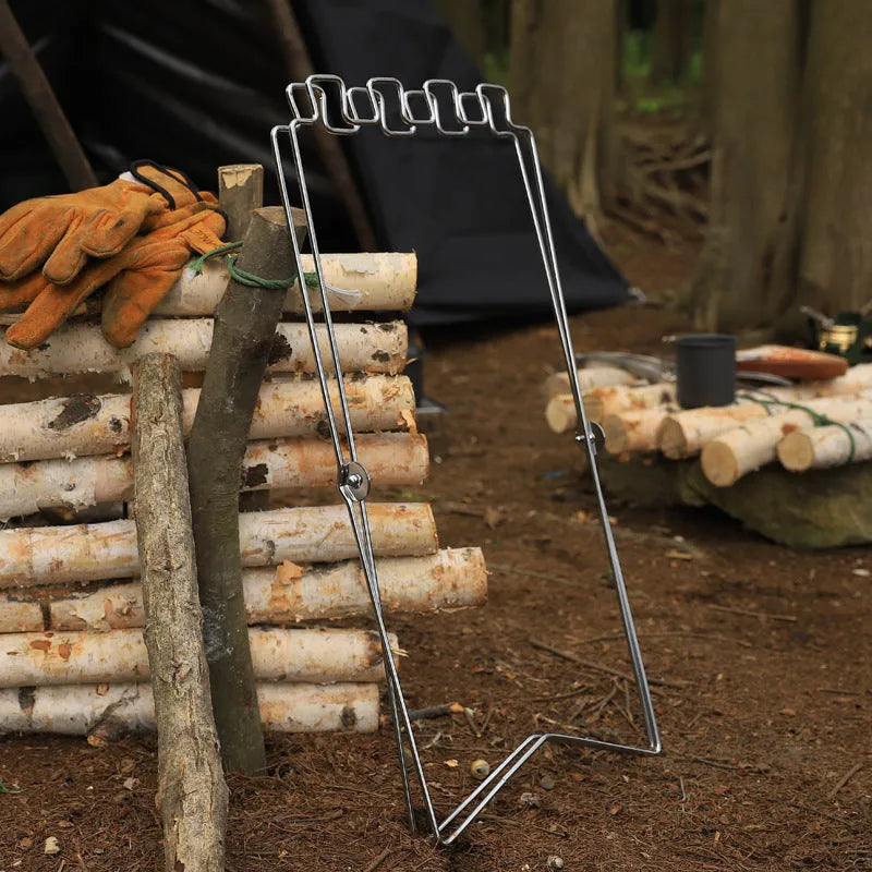 Silver folding garbage bag bracket made from stainless steel for camping and household waste management