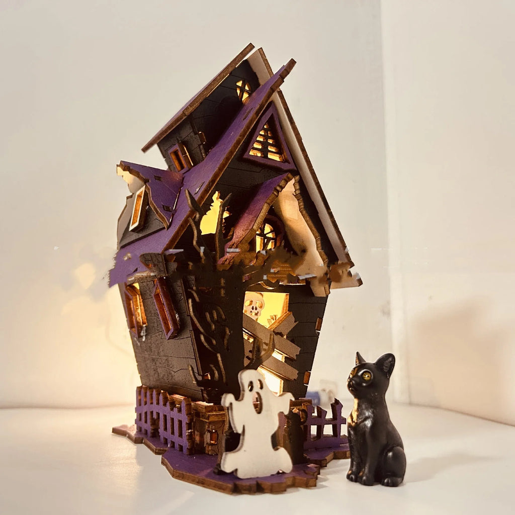 Wooden Halloween haunted house table decoration with candlestick design