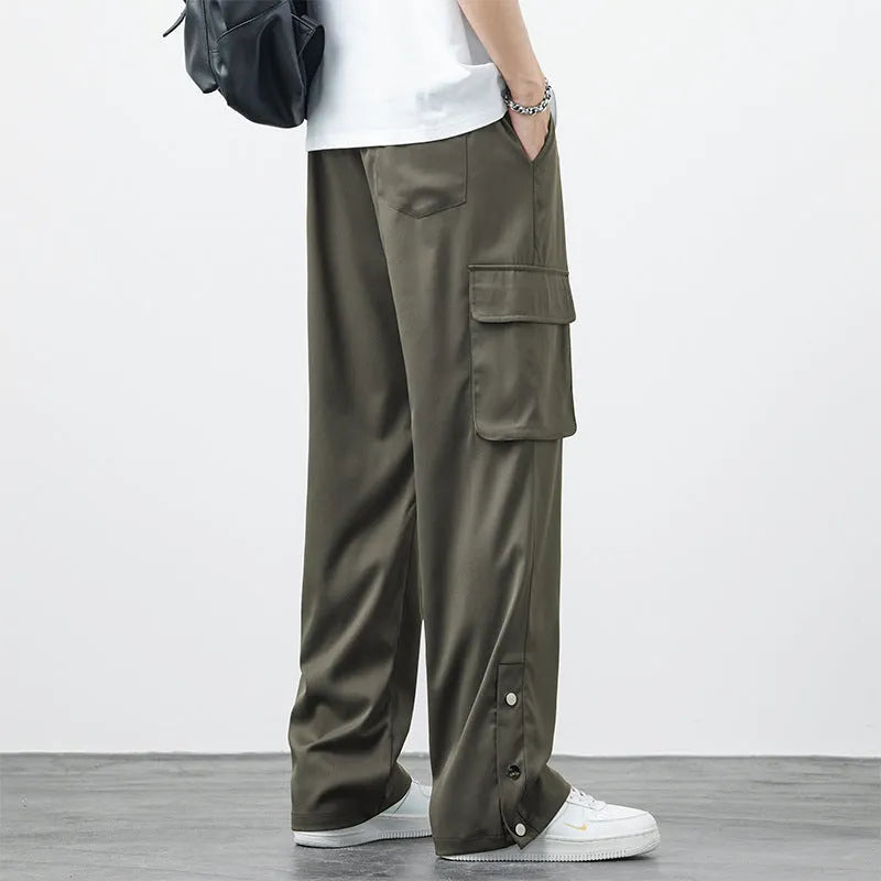 Plus size men's loose straight-leg nylon overalls in black, army green or gray, summer casual work style