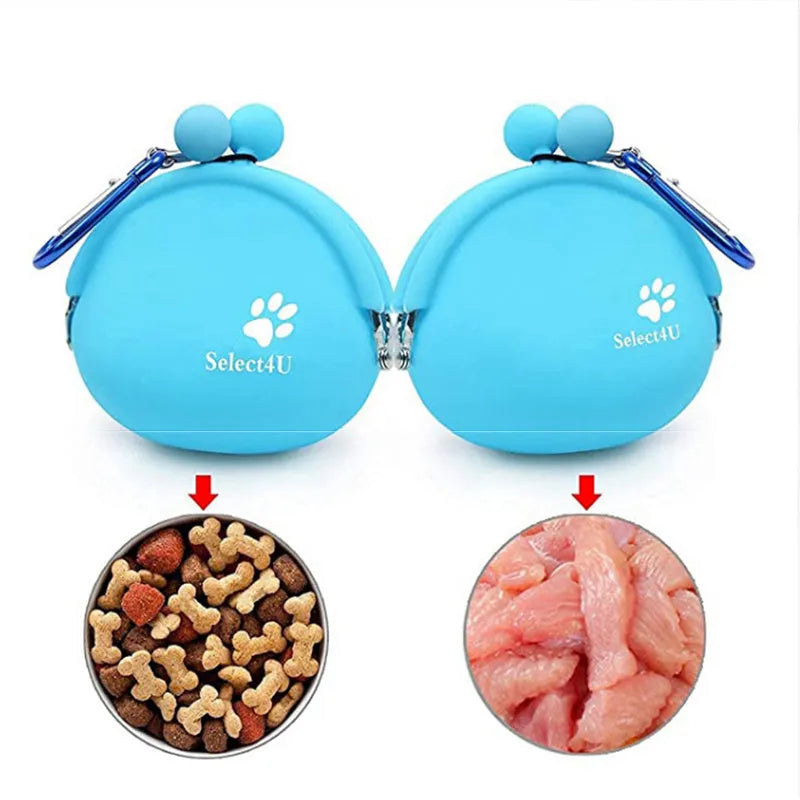 Silicone dog training treat pouch with waist clip in assorted colours on a belt.