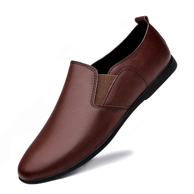 Men's black leather round toe business casual shoes on a white background